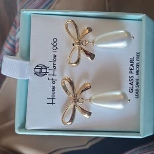 House of Harlow 1960 Gold Bow with Glass Pearl Drop Earrings